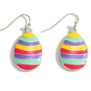 Blue Pink Yellow Striped Enamel Easter Egg Dangle Earrings